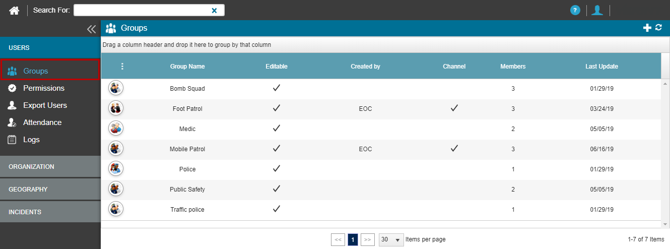 Groups page